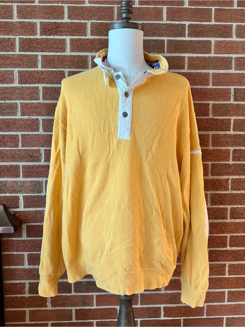 Orvis Rugby Shirt Mens XL Yellow Long Sleeve Cotton Pullover Elbow Patches